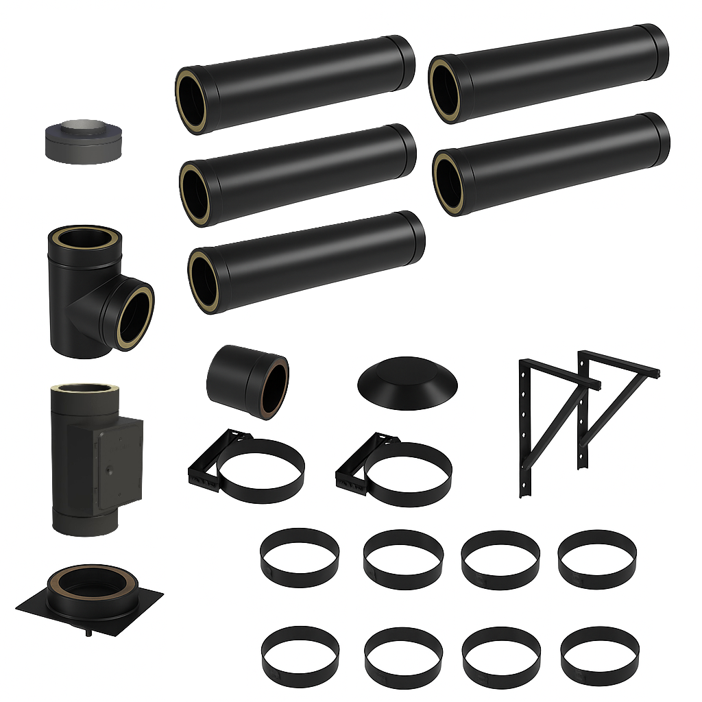 DW BLACK V2A Bausatz Doppelwandig Ø130 Höhe 6,2 m mit Mündungsabschluss - Jeremias DW-Black
