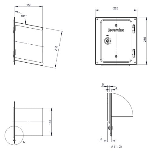 Edelstahl Kamintüre 210x140 mm mit Verlängerung und Schiebestutzen für Reinigungselement - 0,6 mm - V4A, V2A - Abgasrohr Sanierung EW-FU Jeremias