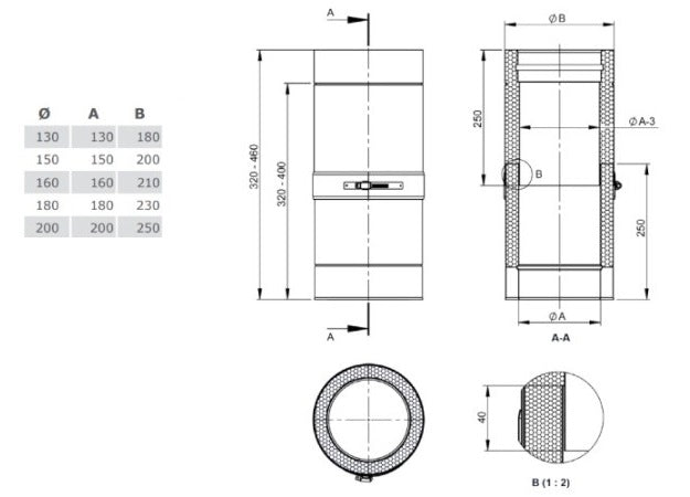 Edelstahlschornstein Schiebeelement für Verbindungsleitung Lange 320- 460 mm Ø130 mm - V2A - DW-ECO 2.0 Jeremias