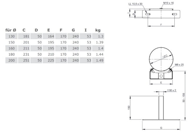 Edelstahlschornstein Wandhalter verstellbar 50 - 150 mm Ø130 mm - V2A - DW-ECO 2.0 Jeremias
