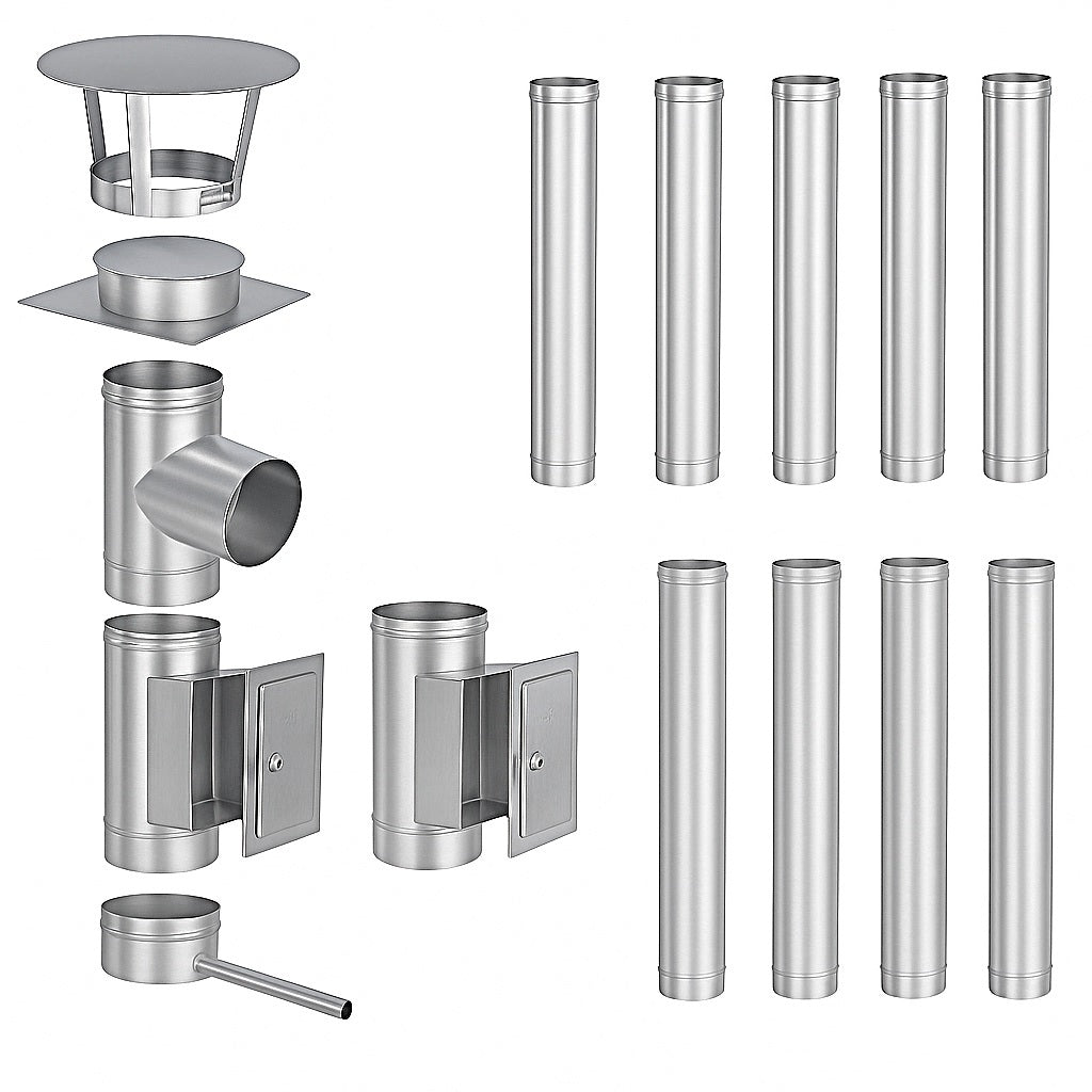 Edelstahlschornstein Bausatz Einwandig 10,4 m - Ø150 mm - 0,6 mm - V4A, V2A - Sanierungsbausatz einwandig Abgasrohr Sanierung EW-FU Jeremias