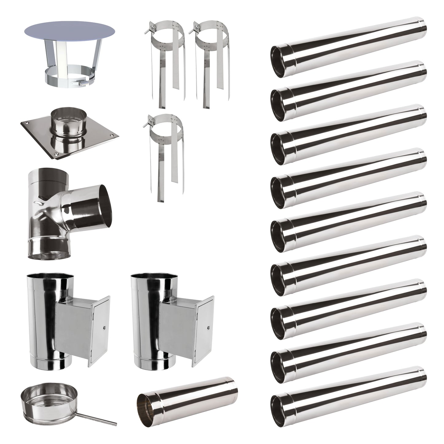 Edelstahlschornstein Bausatz Einwandig 10,9 m mit 2 Reinigungselementen - Ø120 mm - 0,6 mm Sanierungsbausatz einwandig Abgasrohr Sanierung