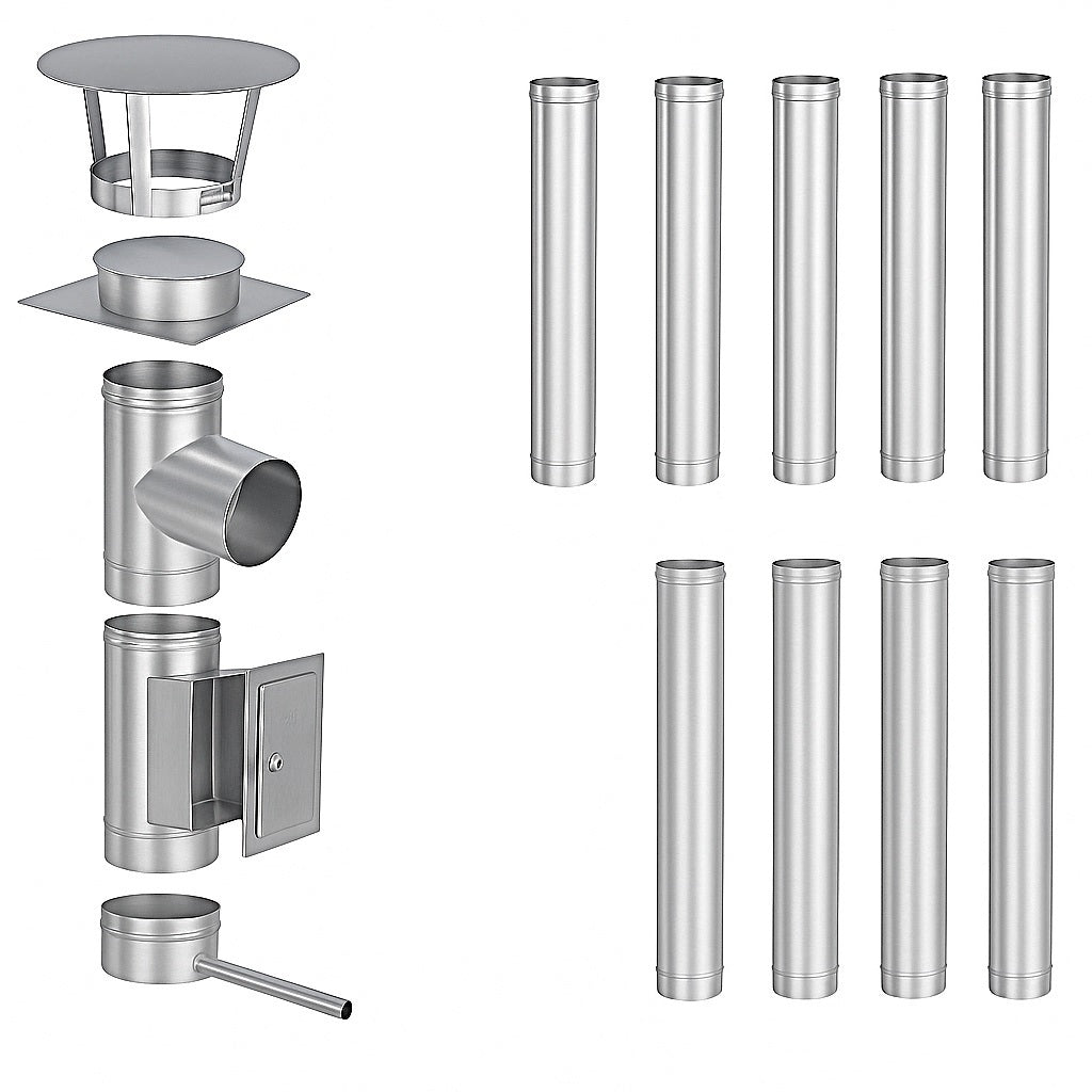 Edelstahlschornstein Bausatz Einwandig 10 m - Ø150 mm - 0,6 mm - V4A, V2A - Sanierungsbausatz einwandig Abgasrohr Sanierung EW-FU Jeremias