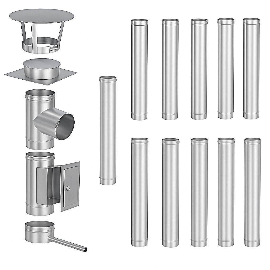 Edelstahlschornstein Bausatz Einwandig 12 m - Ø130 mm - 0,6 mm - V4A, V2A - Sanierungsbausatz einwandig Abgasrohr Sanierung EW-FU Jeremias