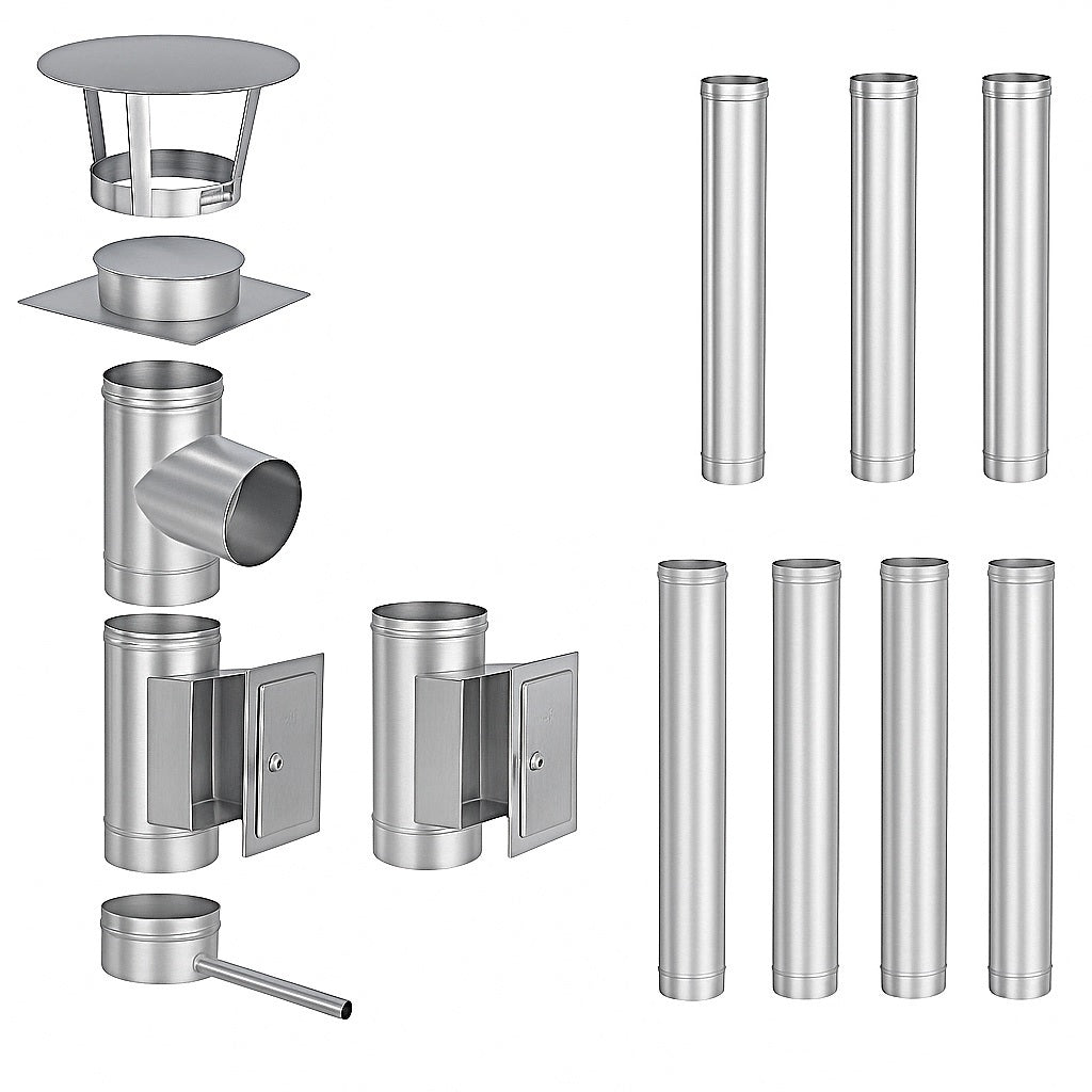 Edelstahlschornstein Bausatz Einwandig 8,4 m - Ø150 mm - 0,6 mm - V4A, V2A - Sanierungsbausatz einwandig Abgasrohr Sanierung EW-FU Jeremias