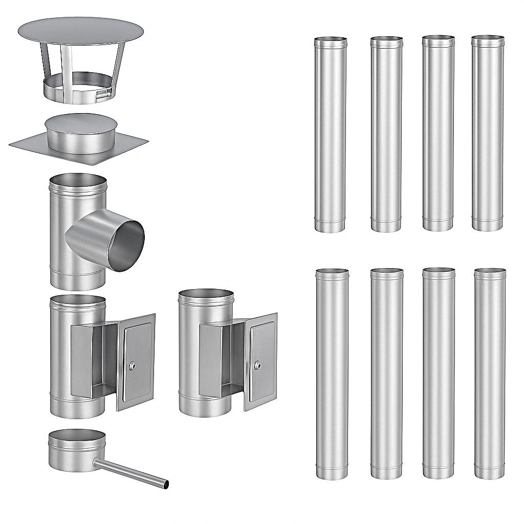 Edelstahlschornstein Bausatz Einwandig 9,4 m - Ø150 mm - 0,6 mm - V4A, V2A - Sanierungsbausatz einwandig Abgasrohr Sanierung EW-FU Jeremias