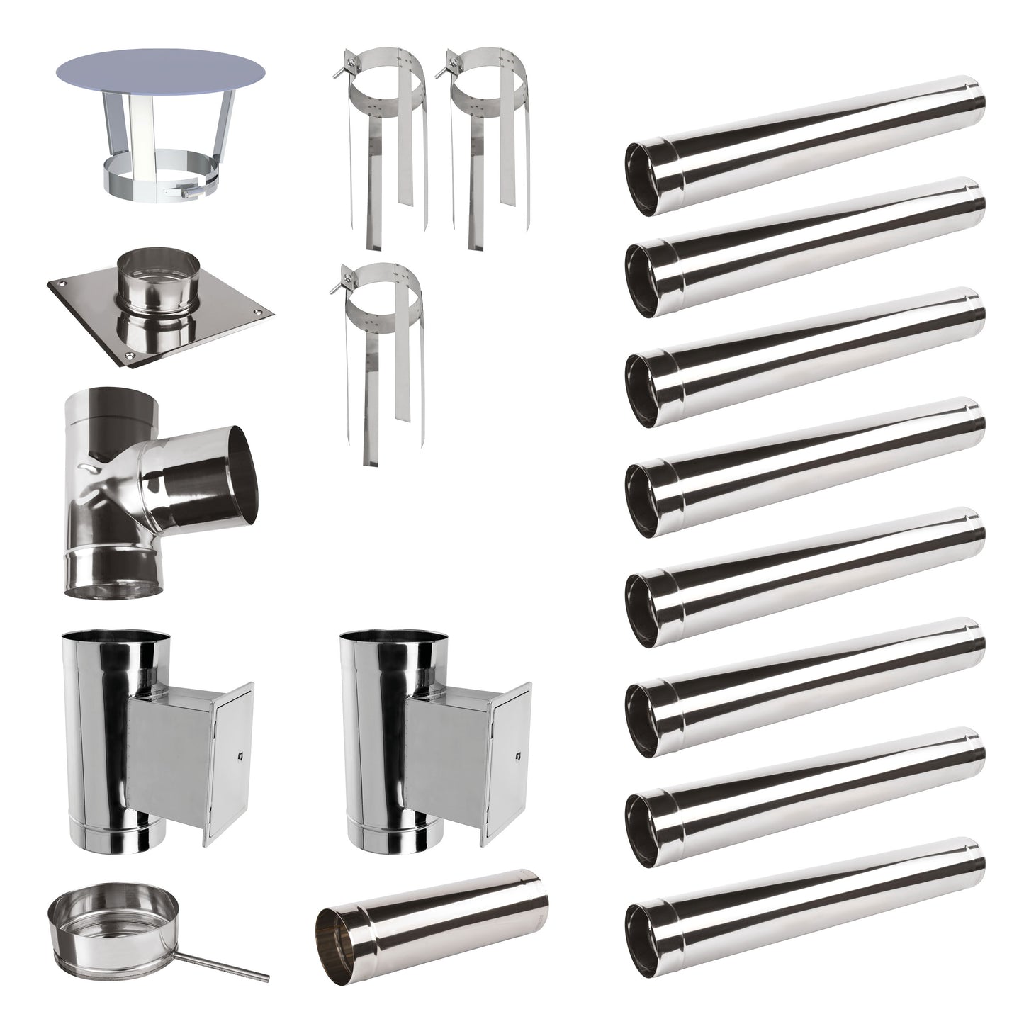 Edelstahlschornstein Bausatz Einwandig 9,9 m mit 2 Reinigungselement - Ø120 mm - 0,6 mm Sanierungsbausatz einwandig Abgasrohr Sanierung