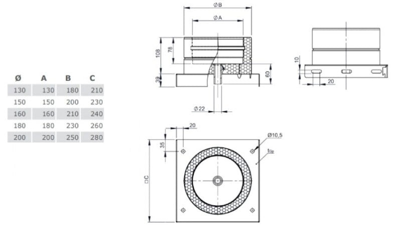 Edelstahlschornstein Grundplatte mit Kondensatablauf unten und 1/2'' Nippel Ø130 mm - V2A - DW-ECO 2.0 Jeremias