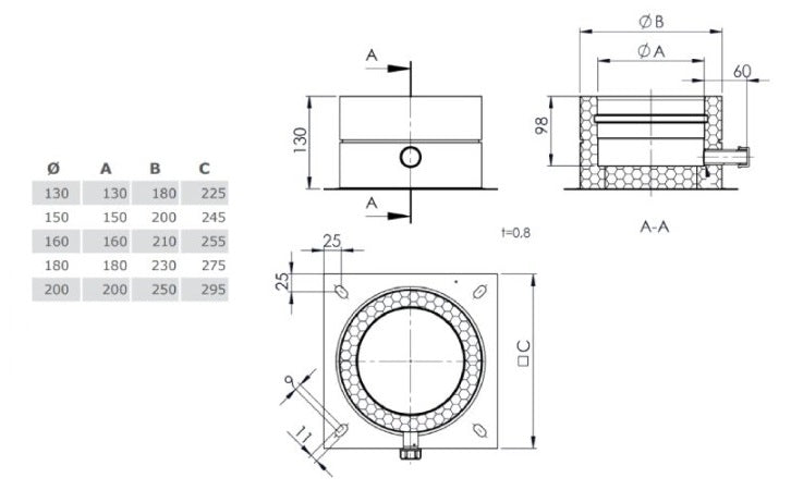 Edelstahlschornstein Grundplatte mit Kondensatablauf seitlich Ø130 mm - V2A - DW-ECO 2.0 Jeremias