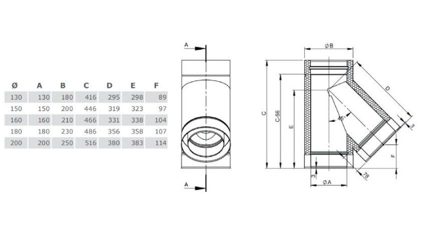 Edelstahlschornstein T-Stück 45° Ø130 mm - V2A - DW-ECO 2.0 Jeremias
