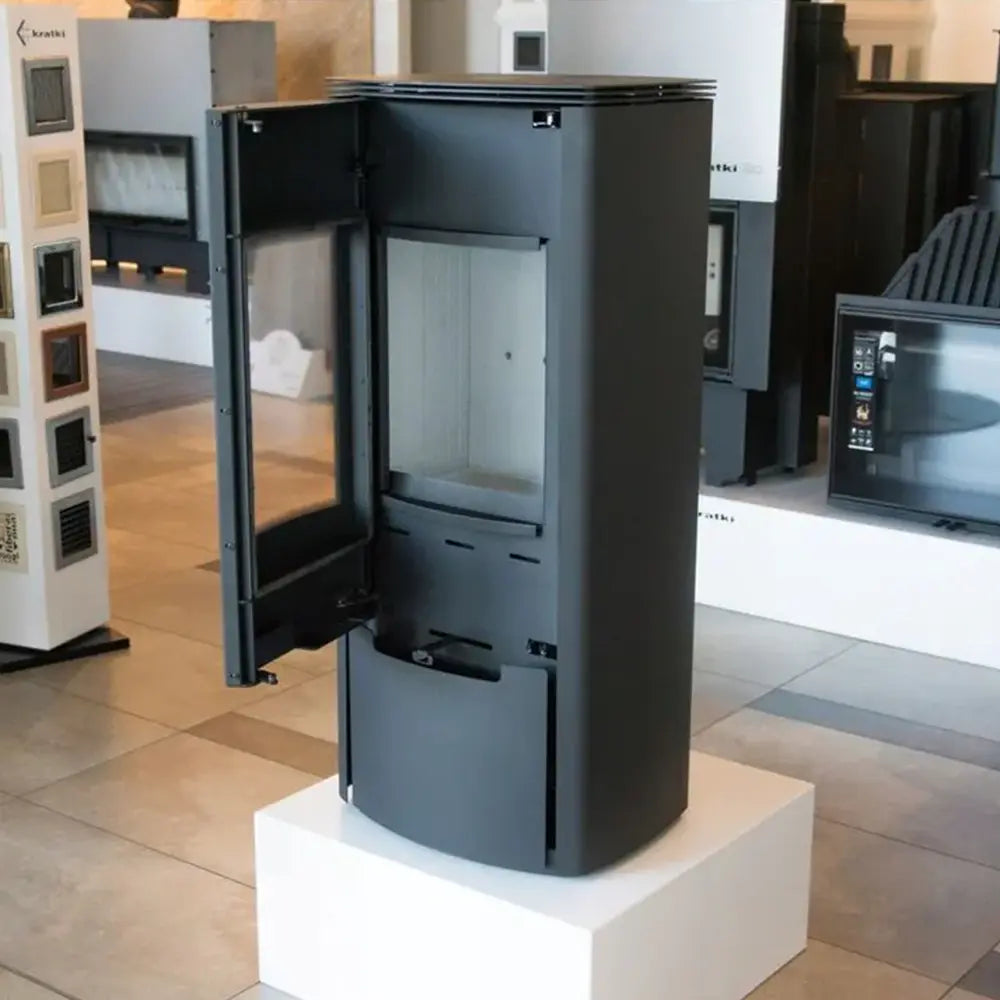 Kratki Kaminofen Koza Enyo R mit Panoramascheibe Weiß Links 8 kW Ø150 BImSchV Stufe 2 Holzofen