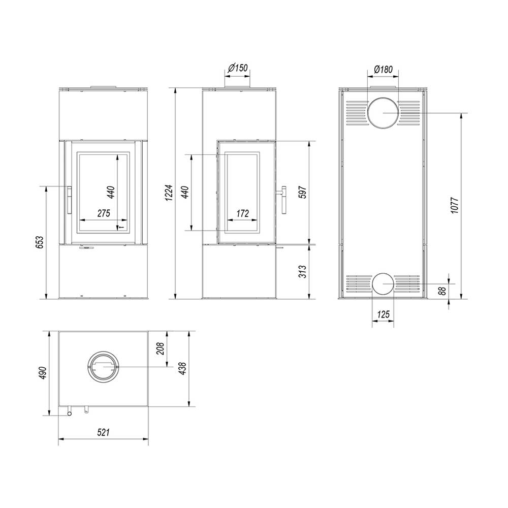 Kratki Kaminofen Thor View 3-seitig Schwarz Rechts 8 kW Ø150 BImSchV Stufe 2 Holzofen