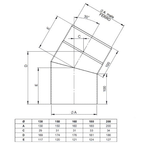 Ofenrohr - Winkel 30° ohne Tür Ø150 mm - 2,0 mm - schwarz - Ferro-Lux Jeremias