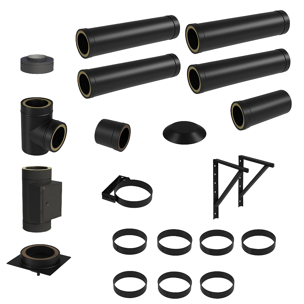 DW BLACK V2A Bausatz Doppelwandig Ø150 Höhe 4,7 m mit Mündungsabschluss - Jeremias DW-Black