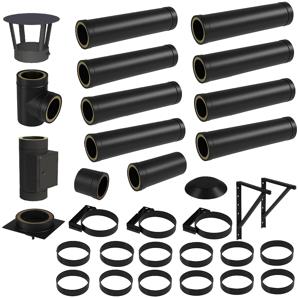 DW BLACK V2A Bausatz Doppelwandig Ø180 Höhe 9,7 m mit Regenhaube - Jeremias DW-Black