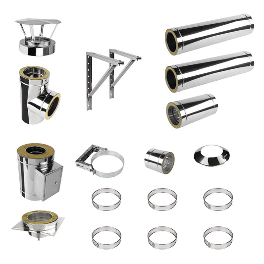 Edelstahlschornstein V2A Bausatz Doppelwandig Ø150 Höhe 3,7 m mit Regenhaube - Jeremias DW-ECO 2.0