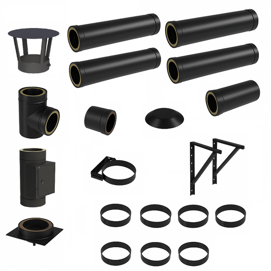 DW BLACK V2A Bausatz Doppelwandig Ø150 Höhe 4,7 m mit Regenhaube - Jeremias DW-Black