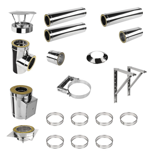 Edelstahlschornstein V2A Bausatz Doppelwandig Ø180 Höhe 4,7 m mit Regenhaube - Jeremias DW-ECO 2.0