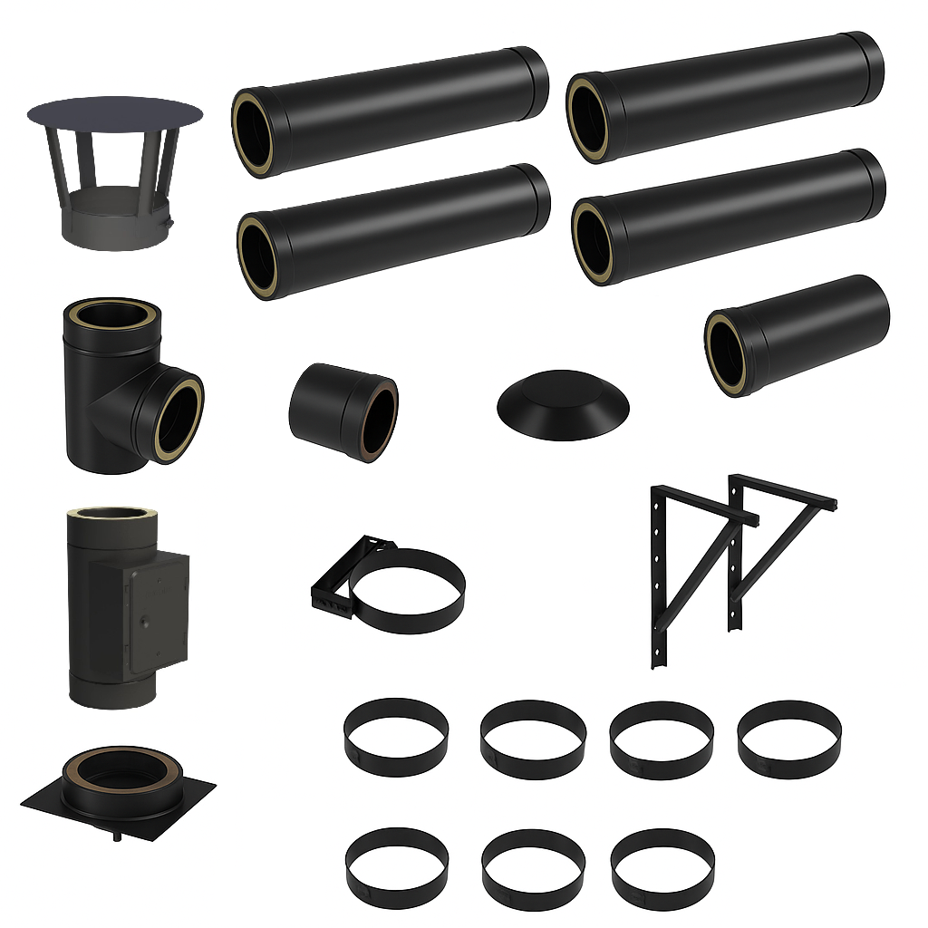 DW BLACK V2A Bausatz Doppelwandig Ø130 Höhe 4,7 m mit Regenhaube - Jeremias DW-Black