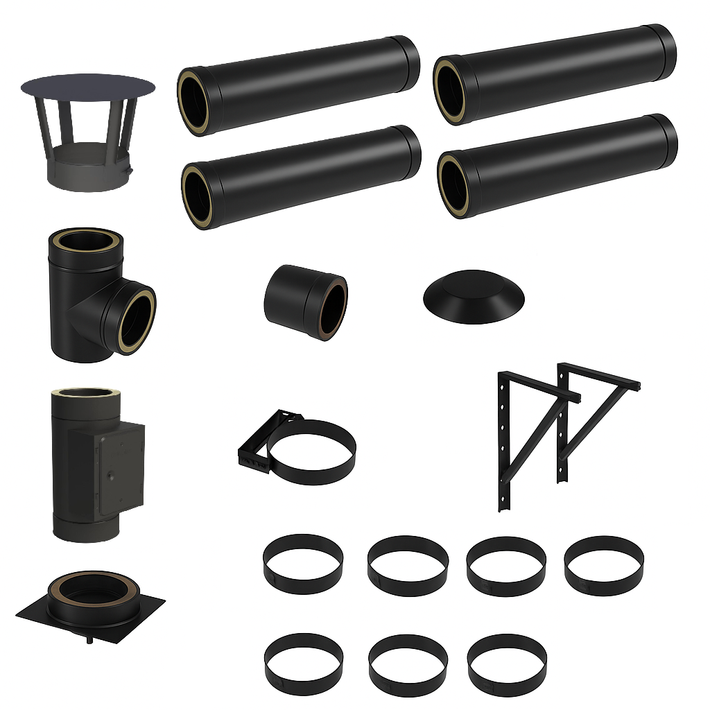 DW BLACK V2A Bausatz Doppelwandig Ø130 Höhe 5,2 m mit Regenhaube - Jeremias DW-Black