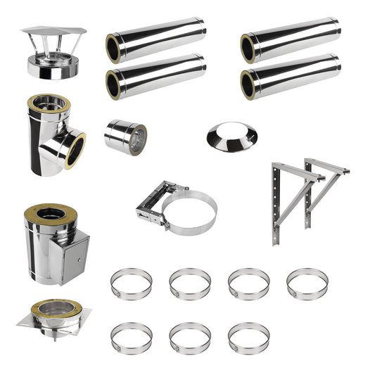 Edelstahlschornstein V2A Bausatz Doppelwandig Ø180 Höhe 5,2 m mit Regenhaube - Jeremias DW-ECO 2.0