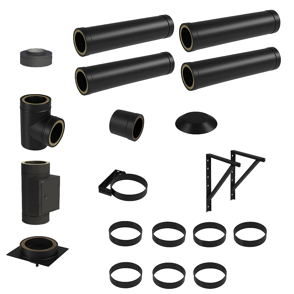 DW BLACK V2A Bausatz Doppelwandig Ø130 Höhe 5,2 m mit Mündungsabschluss - Jeremias DW-Black