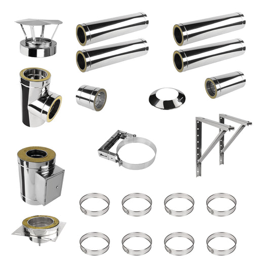 Edelstahlschornstein V2A Bausatz Doppelwandig Ø150 Höhe 5,7 m mit Regenhaube - Jeremias DW-ECO 2.0
