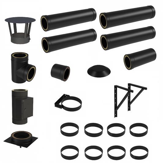 DW BLACK V2A Bausatz Doppelwandig Ø150 Höhe 5,7 m mit Regenhaube - Jeremias DW-Black