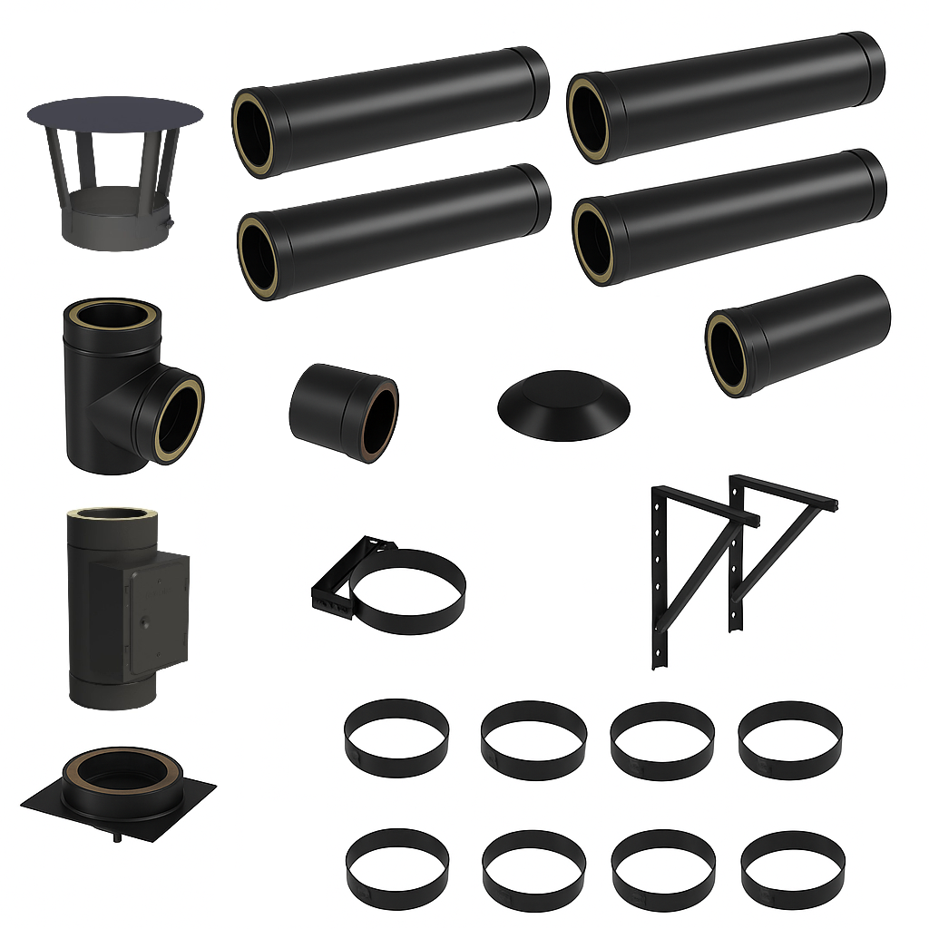 DW BLACK V2A Bausatz Doppelwandig Ø130 Höhe 5,7 m mit Regenhaube - Jeremias DW-Black