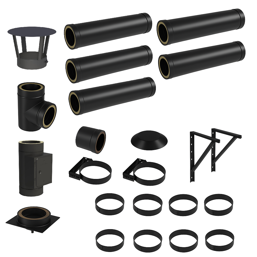 DW BLACK V2A Bausatz Doppelwandig Ø130 Höhe 6,2 m mit Regenhaube - Jeremias DW-Black