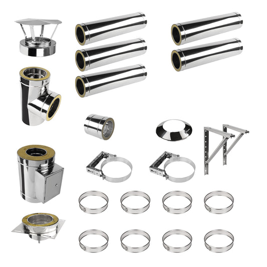 Edelstahlschornstein V2A Bausatz Doppelwandig Ø150 Höhe 6,2 m mit Regenhaube - Jeremias DW-ECO 2.0