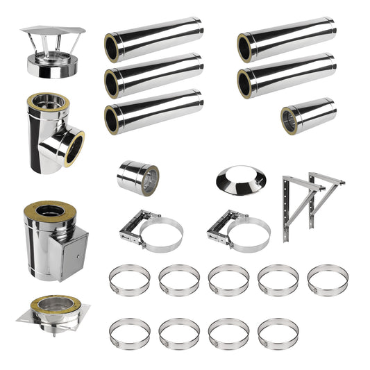 Edelstahlschornstein V2A Bausatz Doppelwandig Ø180 Höhe 6,7 m mit Regenhaube - Jeremias DW-ECO 2.0
