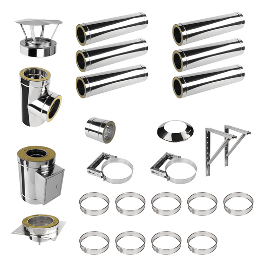 Edelstahlschornstein V2A Bausatz Doppelwandig Ø130 Höhe 7,2 m mit Regenhaube - Jeremias DW-ECO 2.0