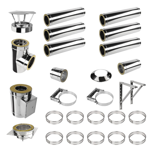 Edelstahlschornstein V2A Bausatz Doppelwandig Ø130 Höhe 7,7 m DW Bausatz mit Regenhaube - Jeremias DW-ECO 2.0