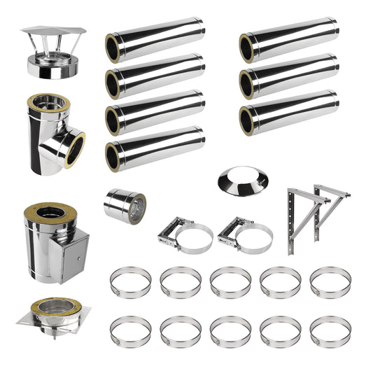 Edelstahlschornstein V2A Bausatz Doppelwandig Ø150 Höhe 8,2 m mit Regenhaube - Jeremias DW-ECO 2.0