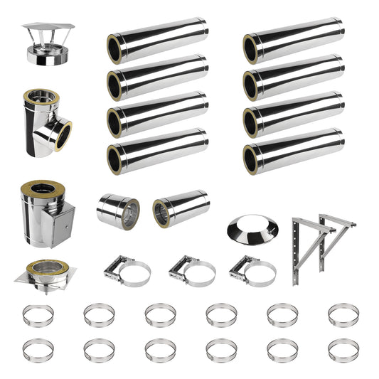 Edelstahlschornstein V2A Bausatz Doppelwandig Ø130 Höhe 9,7 m mit Regenhaube - Jeremias DW-ECO 2.0
