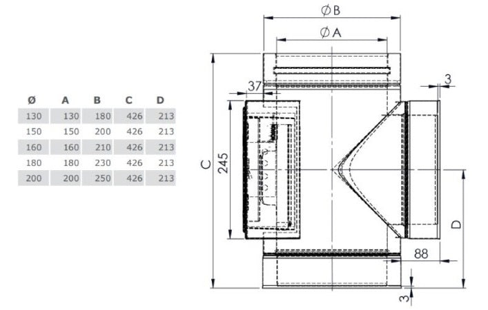 Edelstahlschornstein T-Stück 90° mit Reinigung gegenüberliegend Ø180 mm - V2A - DW-ECO 2.0 Jeremias