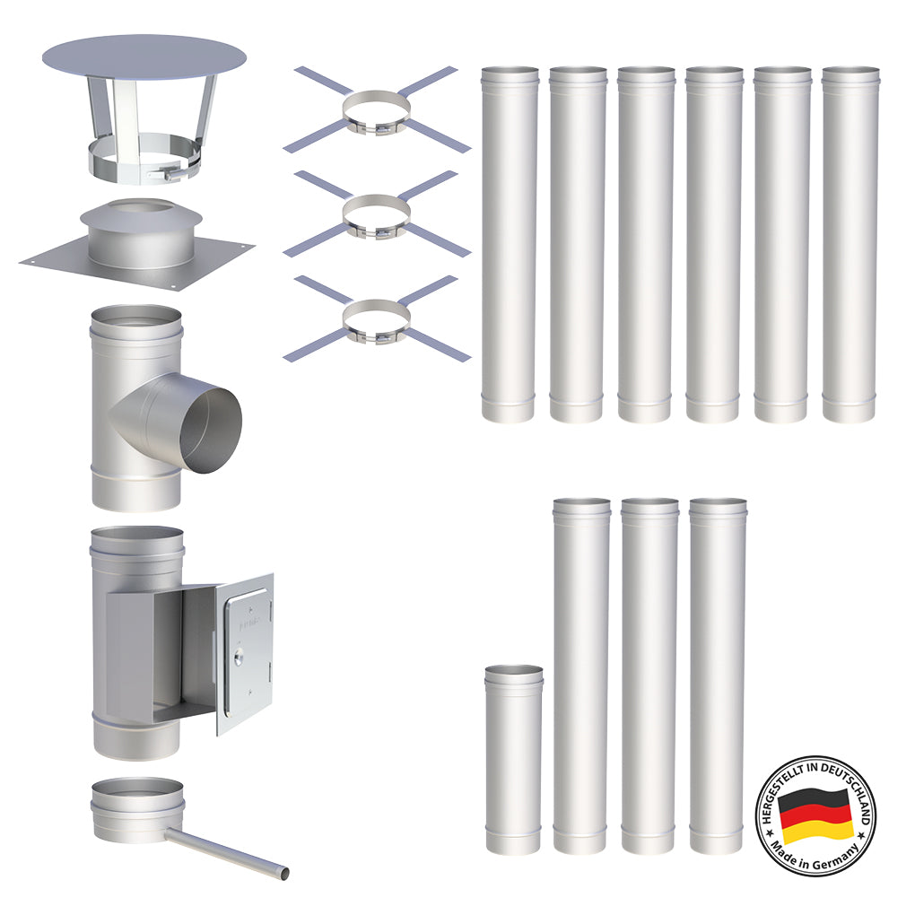 Edelstahlschornstein Bausatz Einwandig 10,5 m - Ø160 mm - 0,6 mm - V4A, V2A -  Sanierungsbausatz einwandig Abgasrohr Sanierung EW-FU Jeremias