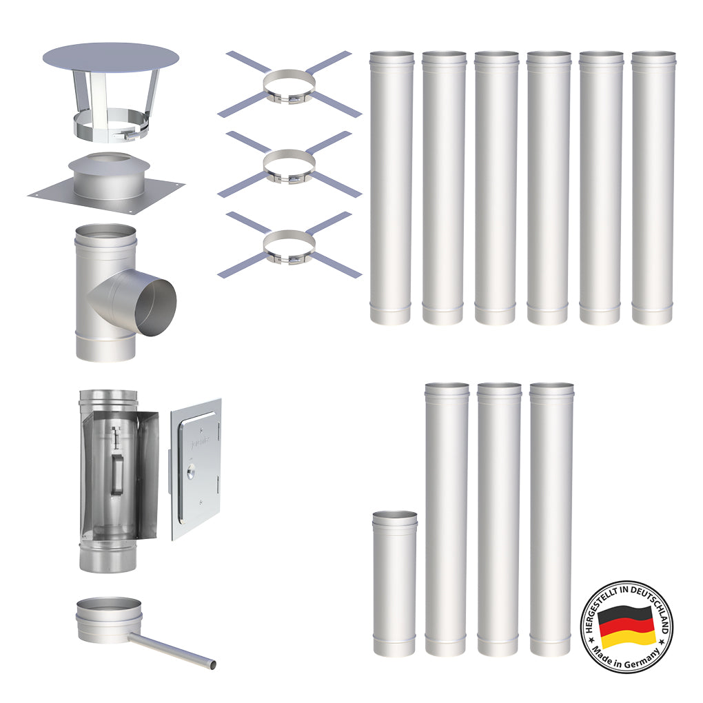 Edelstahlschornstein Bausätze Konfigurator Einwandig - Ø120 mm , Ø130 mm , Ø150 mm , Ø160 mm , Ø180 mm , Ø200 mm - V4A, V2A