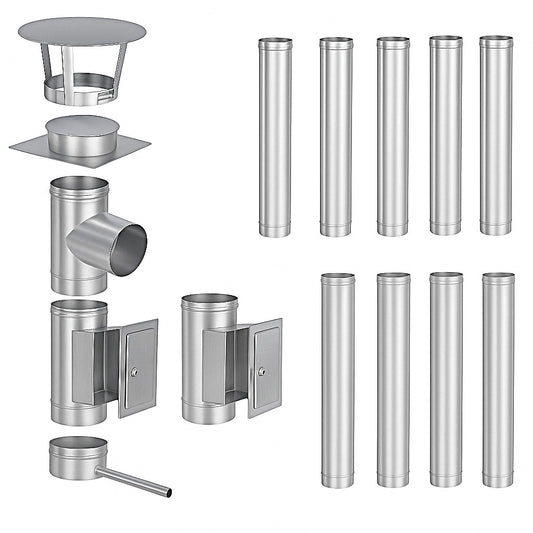 Edelstahlschornstein Bausatz Einwandig 10,4 m - Ø150 mm - 0,6 mm - V4A, V2A -  Sanierungsbausatz einwandig Abgasrohr Sanierung EW-FU Jeremias