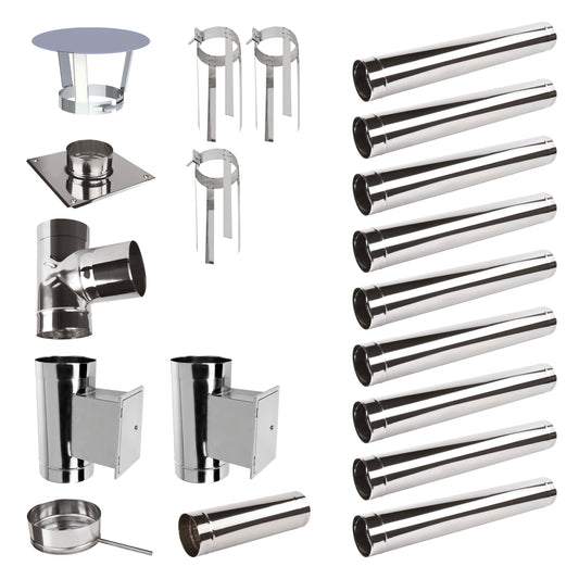 Edelstahlschornstein Bausatz Einwandig 10,9 m mit 2 Reinigungselementen - Ø200 mm - 0,6 mm Sanierungsbausatz einwandig Abgasrohr Sanierung