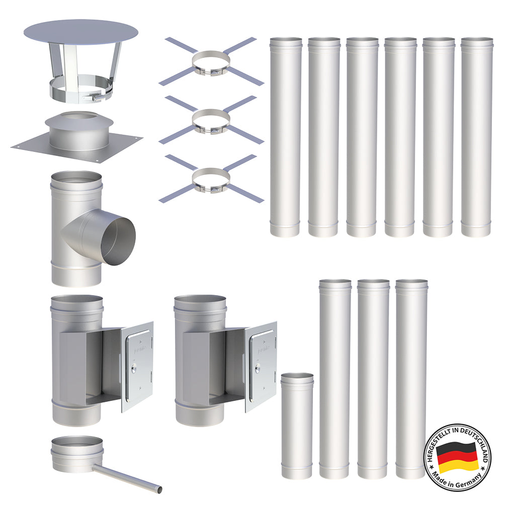 Edelstahlschornstein Bausatz Einwandig 10,9 m - Ø180 mm - 0,6 mm - V4A, V2A -  Sanierungsbausatz einwandig Abgasrohr Sanierung EW-FU Jeremias