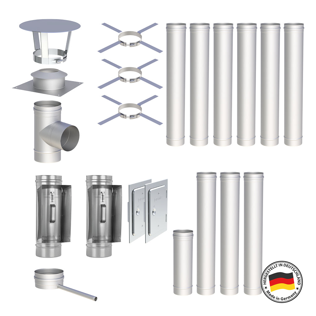 Edelstahlschornstein Bausatz Einwandig 10,9 m - Ø160 mm - 0,6 mm - V4A, V2A -  Sanierungsbausatz einwandig Abgasrohr Sanierung EW-FU Jeremias