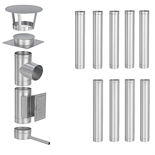 Edelstahlschornstein Bausatz Einwandig 10 m - Ø130 mm - 0,6 mm - V4A, V2A -  Sanierungsbausatz einwandig Abgasrohr Sanierung EW-FU Jeremias