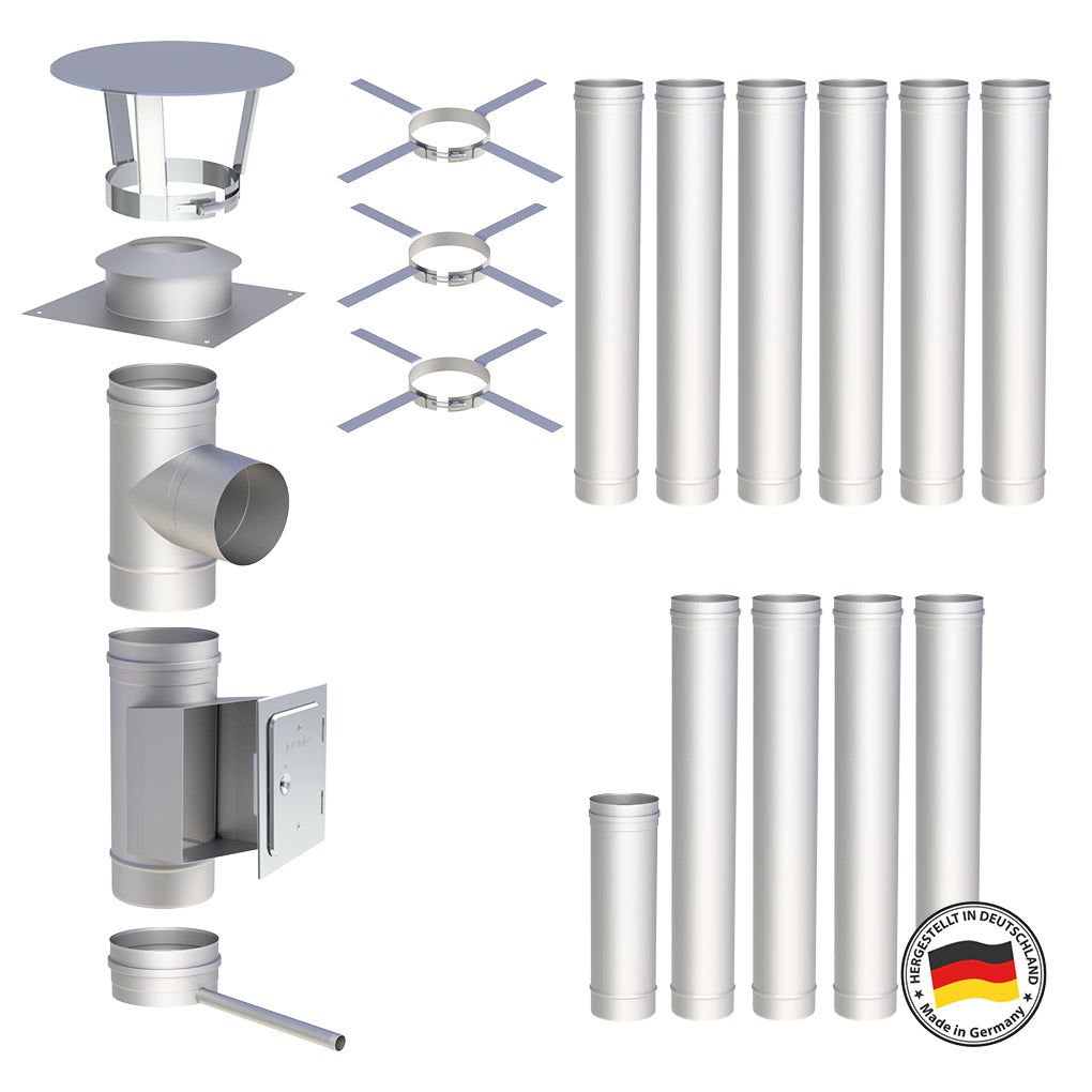 Edelstahlschornstein Bausatz Einwandig 11,5 m - Ø130 mm - 0,6 mm - V4A, V2A -  Sanierungsbausatz einwandig Abgasrohr Sanierung EW-FU Jeremias