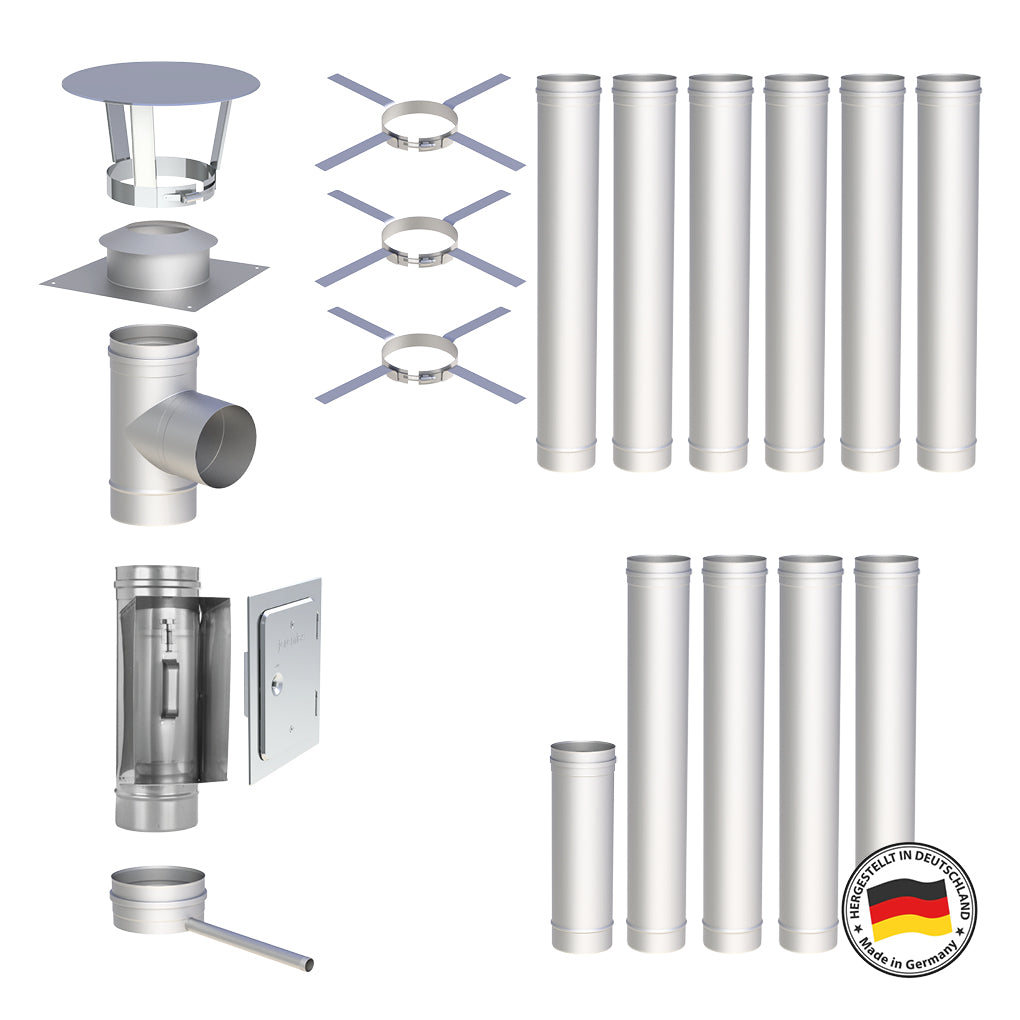 Edelstahlschornstein Bausätze Konfigurator Einwandig - Ø120 mm , Ø130 mm , Ø150 mm , Ø160 mm , Ø180 mm , Ø200 mm - V4A, V2A