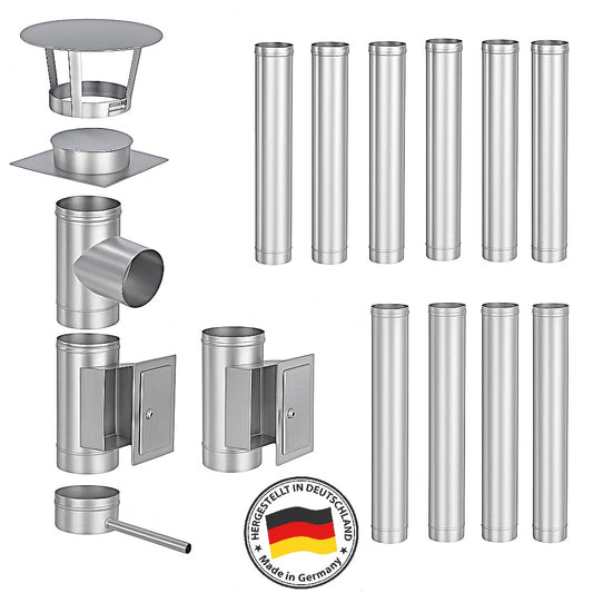 Edelstahlschornstein Bausatz Einwandig 11,4 m - Ø150 mm - 0,6 mm - V4A, V2A -  Sanierungsbausatz einwandig Abgasrohr Sanierung EW-FU Jeremias