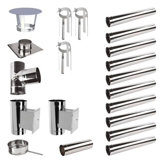 Edelstahlschornstein Bausatz Einwandig 11,9 m mit 2 Reinigungselementen - Ø200 mm - 0,6 mm Sanierungsbausatz einwandig Abgasrohr Sanierung