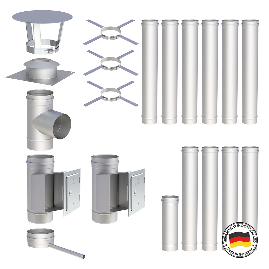 Edelstahlschornstein Bausatz Einwandig 11,9 m - Ø160 mm - 0,6 mm - V4A, V2A -  Sanierungsbausatz einwandig Abgasrohr Sanierung EW-FU Jeremias