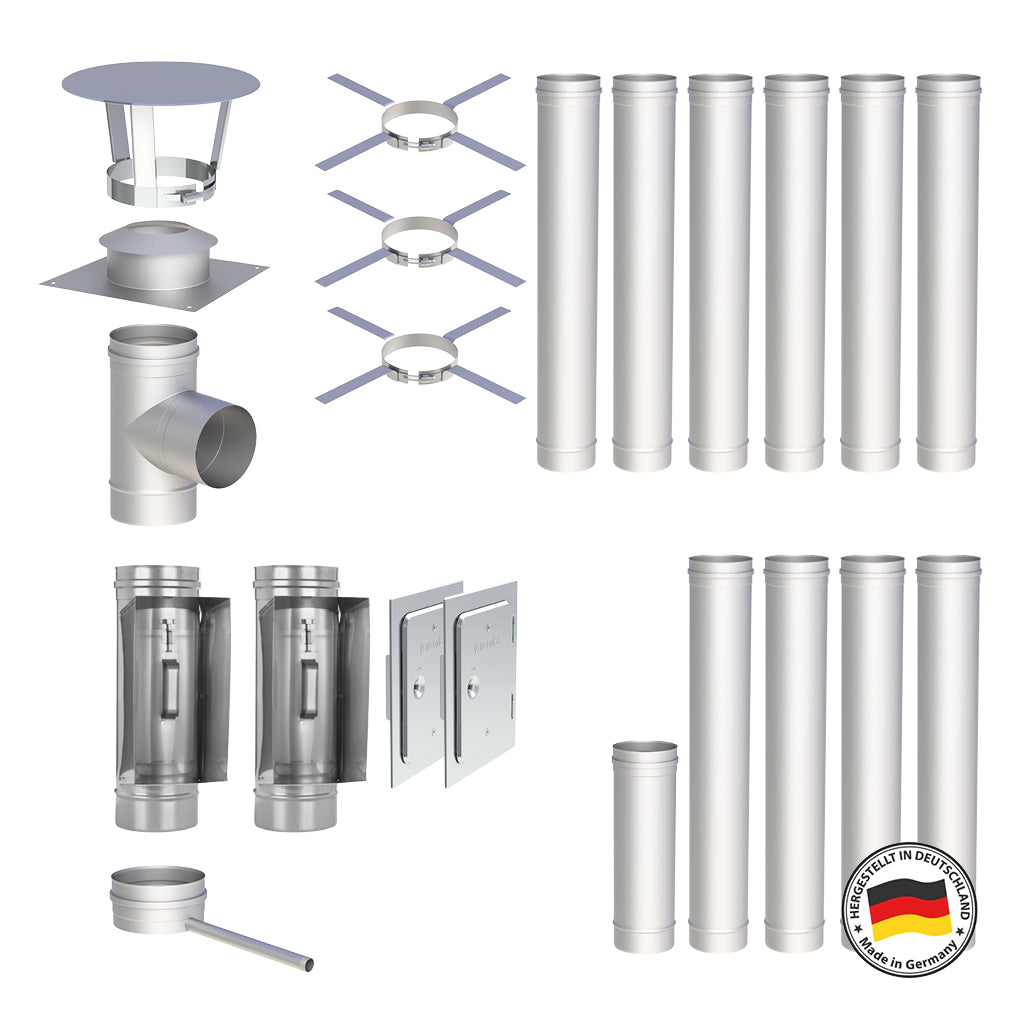 Edelstahlschornstein Bausatz Einwandig 11,9 m - Ø130 mm - 0,6 mm - V4A, V2A -  Sanierungsbausatz einwandig Abgasrohr Sanierung EW-FU Jeremias
